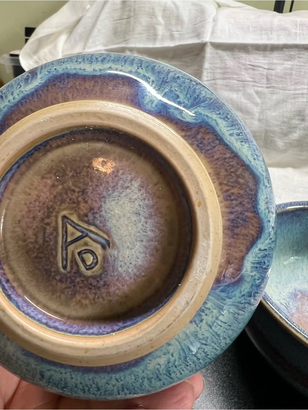 Noodle Bowl Hand Crafted Blue Stoneware Set Of 2. Marked AD